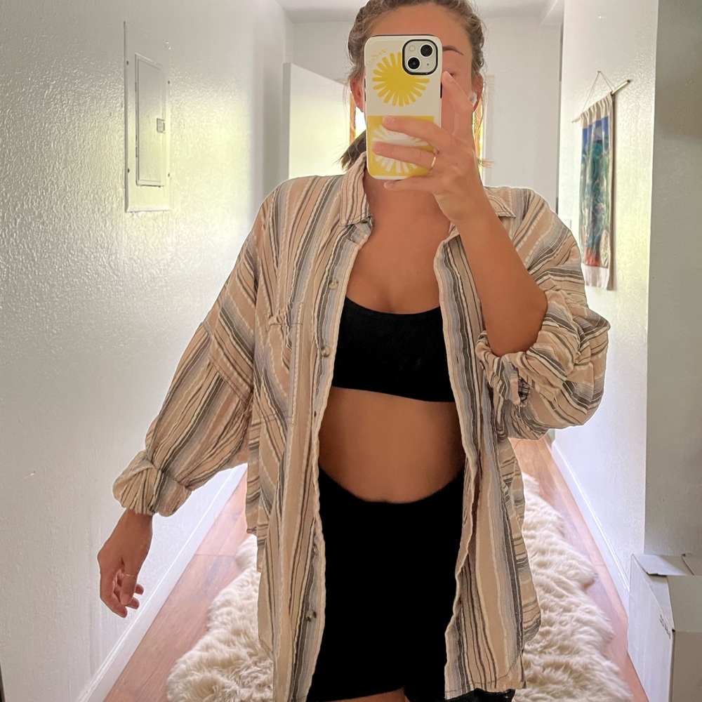 S, oversized striped flannel